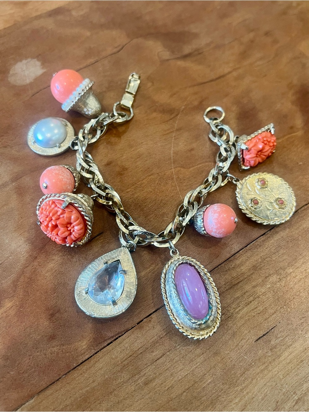 Vintage Signed Coro Charm Bracelet  Coral Lavender & Faux Pearl Charms 1950s–60s